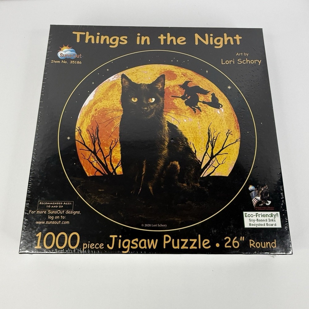 SunsOut Round Jigsaw Puzzle Things In The Night Halloween Witch Black Cat Sealed
